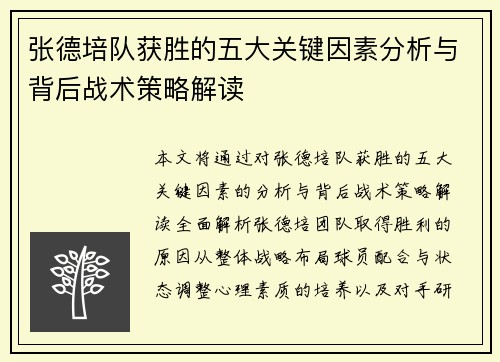 张德培队获胜的五大关键因素分析与背后战术策略解读